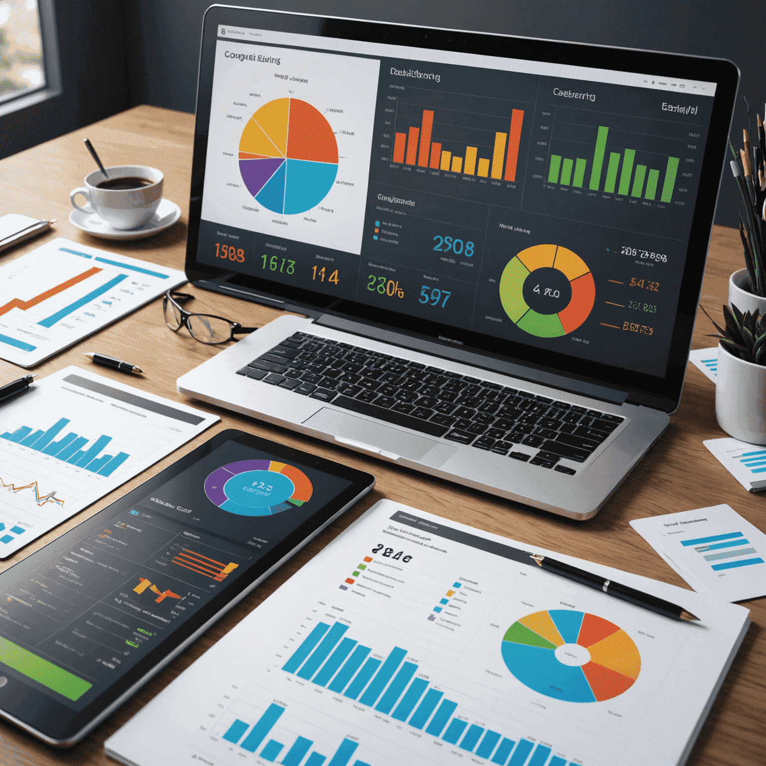 Grafické znázornění digitálního dashboardu pro firemní účetnictví s grafy a analýzami